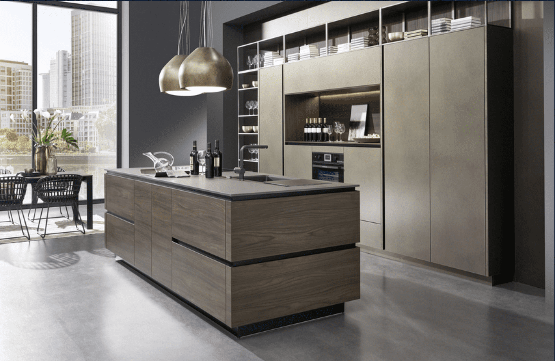 Gray kitchen with wooden island and open shelving